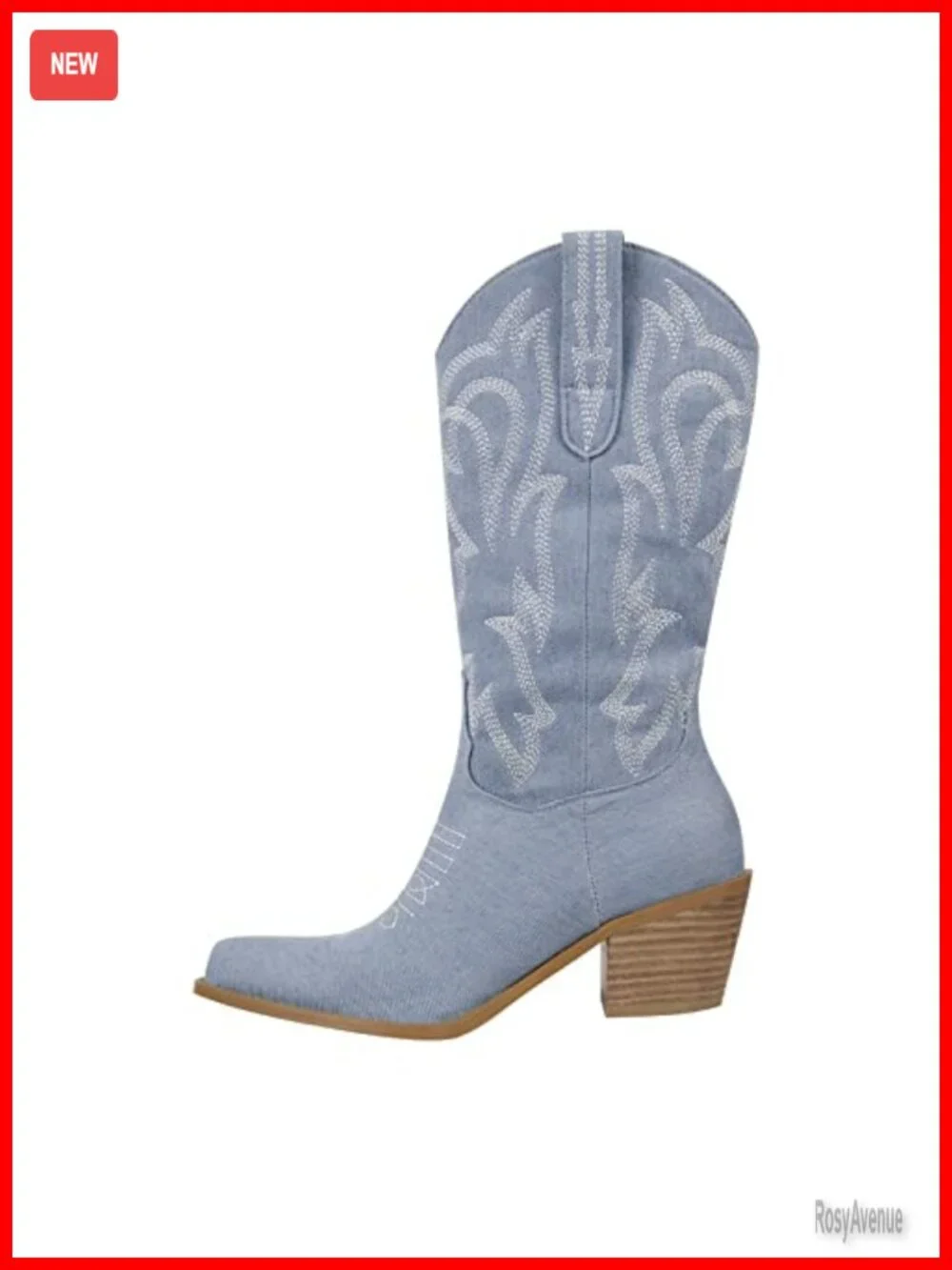 Mid Calf Cowboy Boots with Embroidered Design Pull On Tab Western Booties
